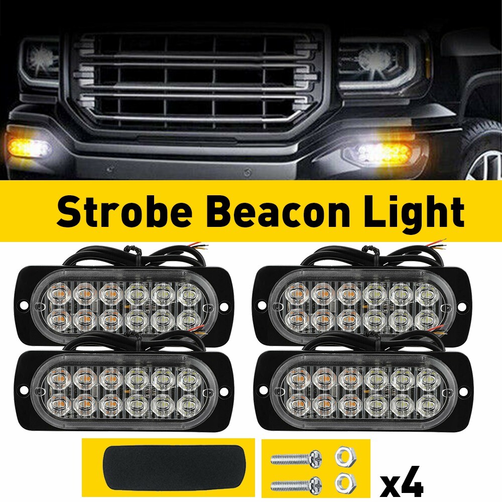 4PC 12 LED Strobe Light Bar Car Truck Flashing Warning Hazard Beacon Amber/White