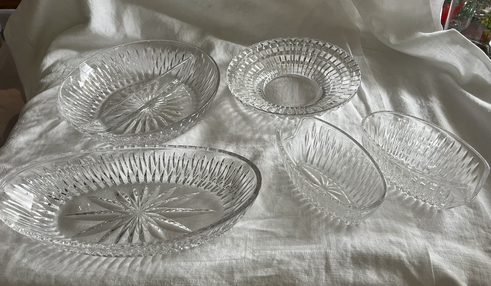 5 Crystal Glass Serving Dishes 2 Spoon Rests 2 Bowls, 1 Divided Cut Crystal Nice