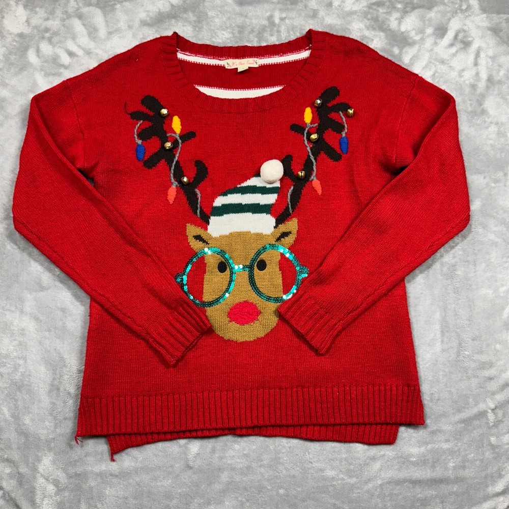 It's our Time Ugly Red Christmas Sweater Sz M Rudolph Bells Pom Pom Sequins