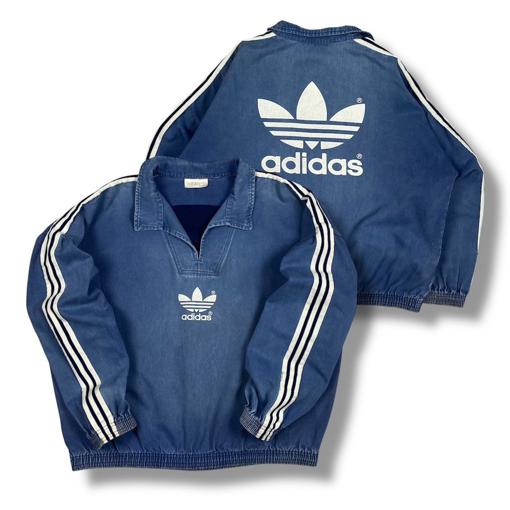 Vintage Adidas Trefoil Pullover Jacket UK Distressed 80s Blue Faded Big Logo
