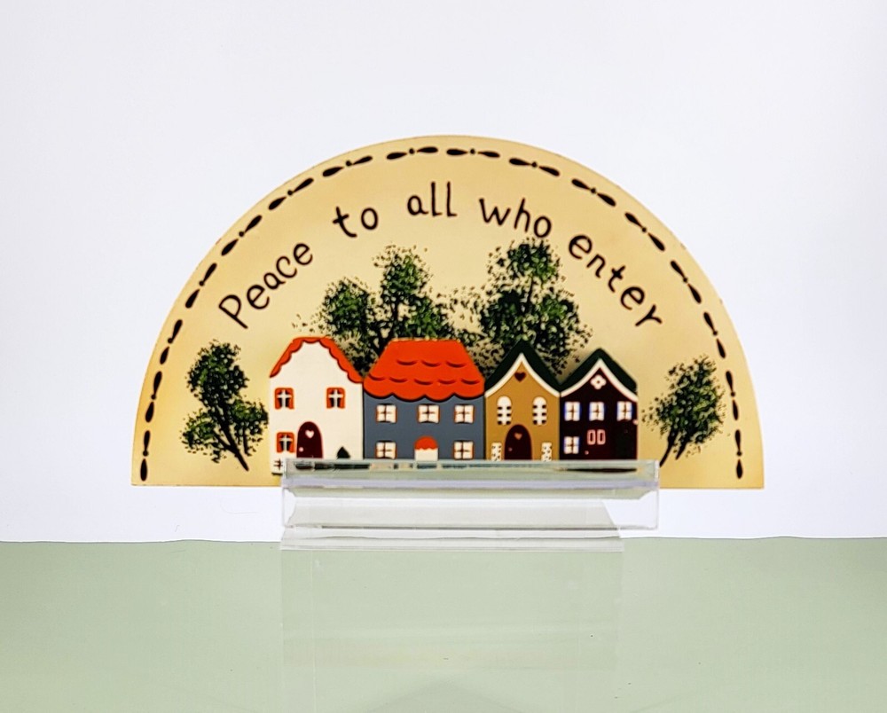 Rustic Wooden Crescent Moon Shelf Sitter with Peaceful House Design