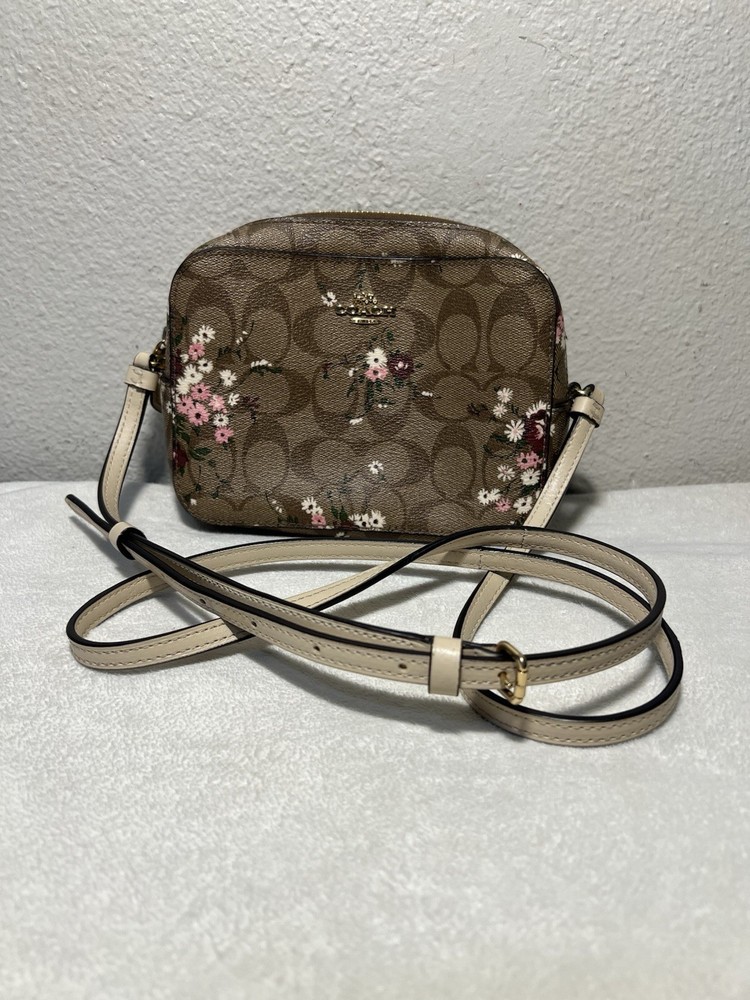 Coach Mini Camera Crossbody Bag in Signature Canvas with Evergreen Floral Print