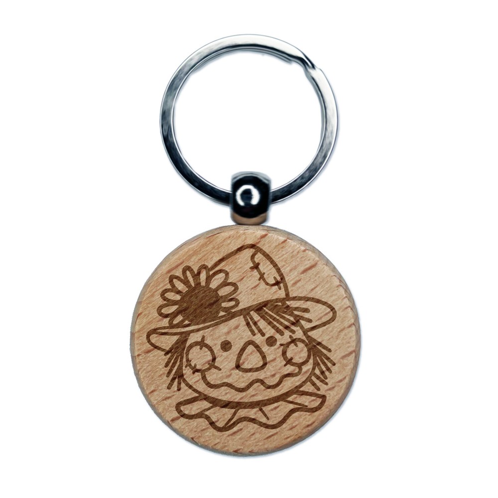 Cute Scarecrow Face Wooden Round Keychain Charm with Engraved Design  
