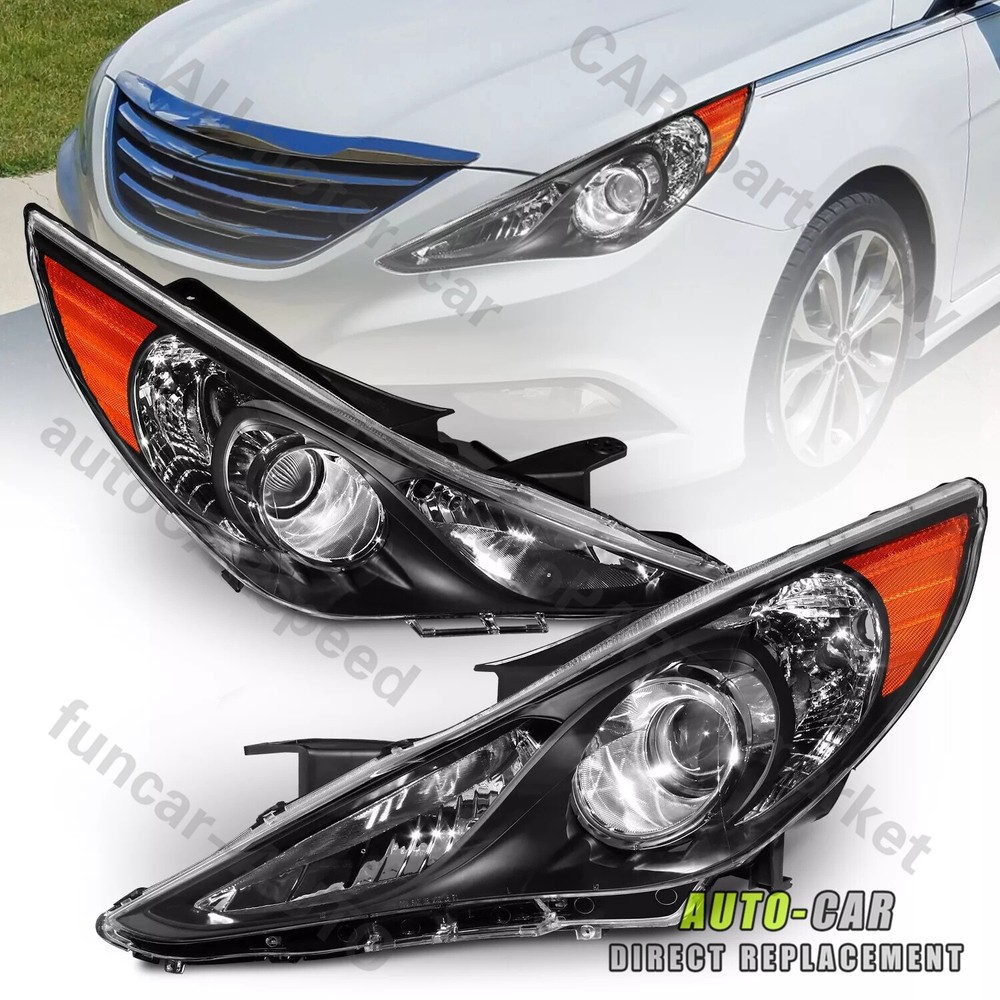 Pair Black Housing Headlights Assembly For 2011-2014 Hyundai Sonata Front Lamps