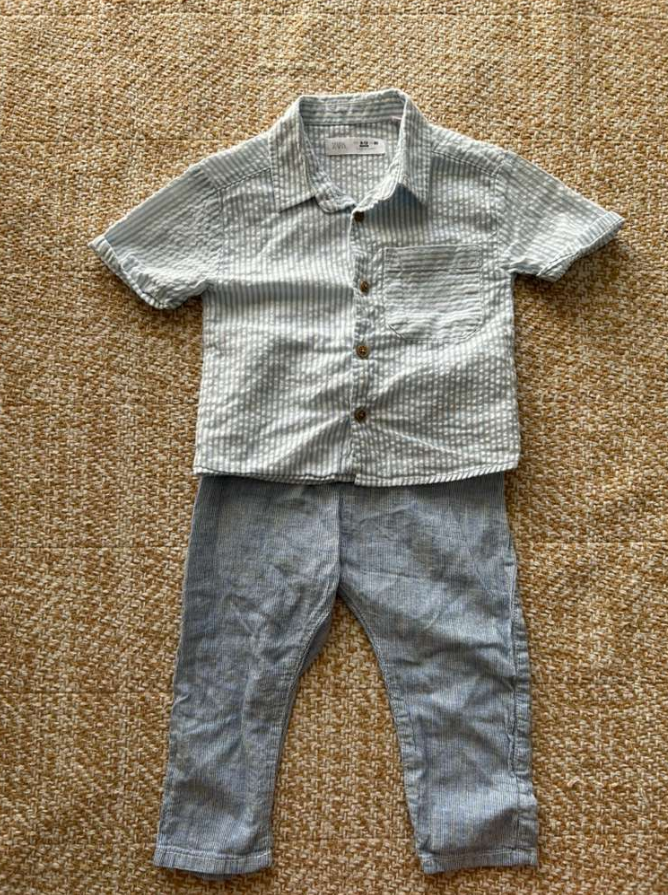 ZARA Baby Boy Shirt 9-12M  Pants 12-18M Blue White Striped Outfit Cotton Lined