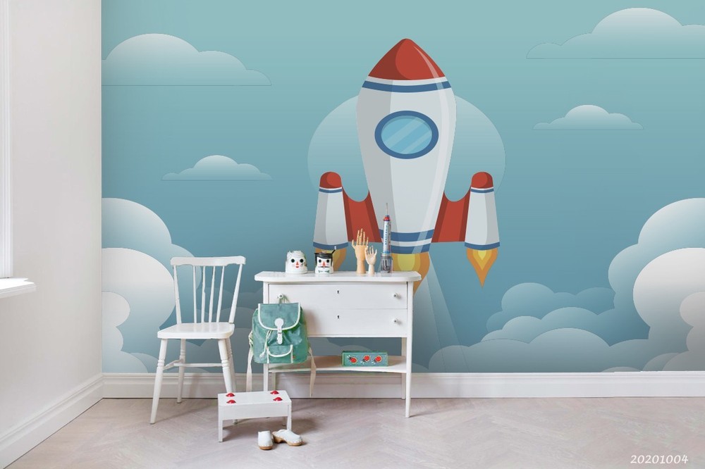 3D Space Rocket Clouds Illustration Wall Murals Wallpaper Murals Wall Sticker
