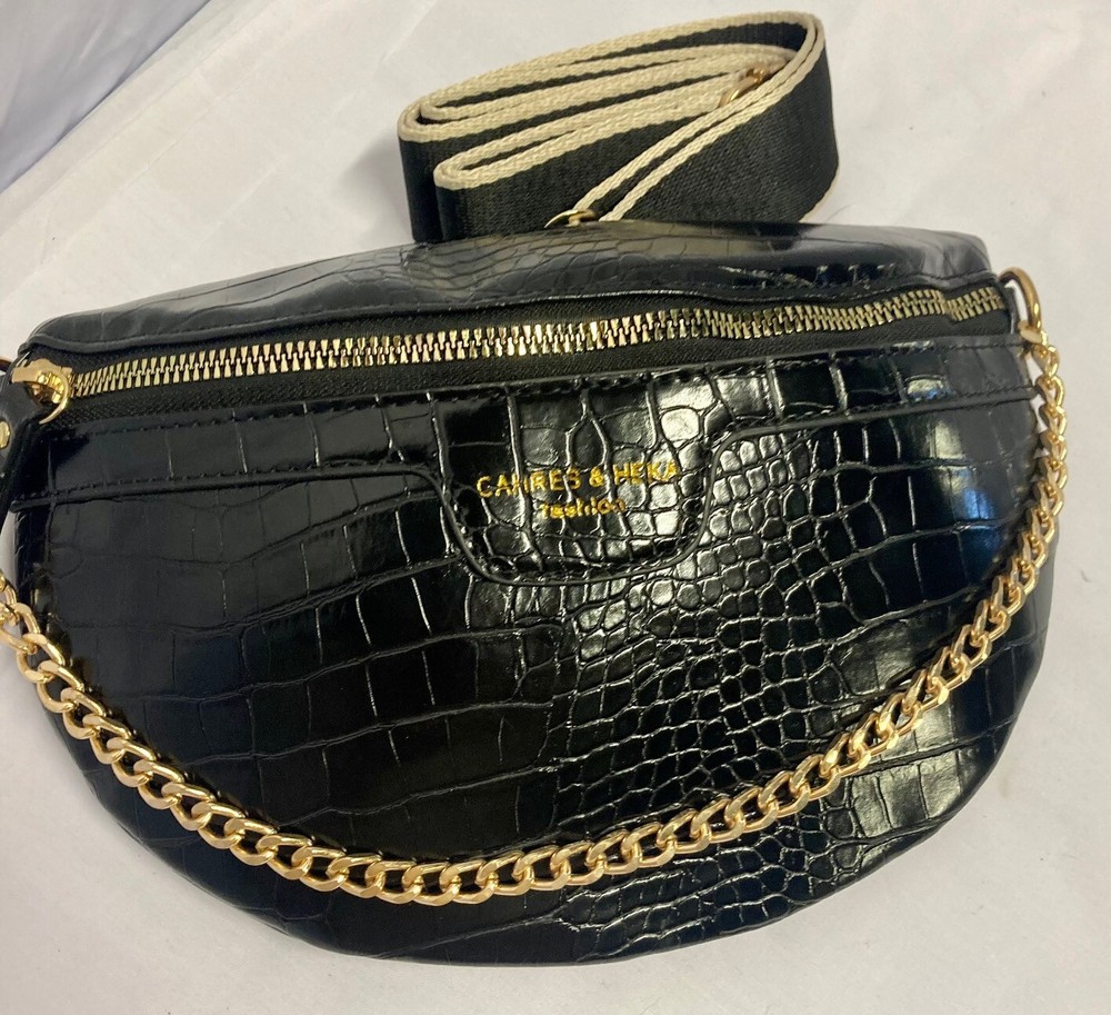 Women's Black & Gold Mini Crocodile Faux Leather Fanny Pack