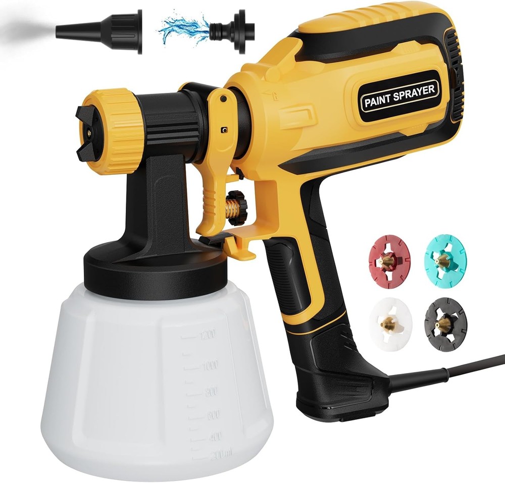 Paint-Sprayer, 700W HVLP Spray Gun with Cleaning & Blowing Joints, 4 Yellow
