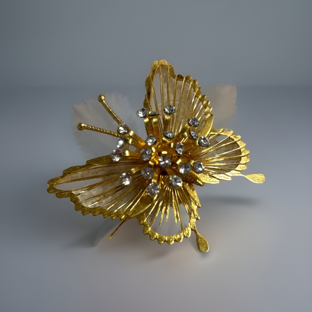 Vintage Signed Monet Gold Tone Butterfly Brooch Pin W Rhinestones