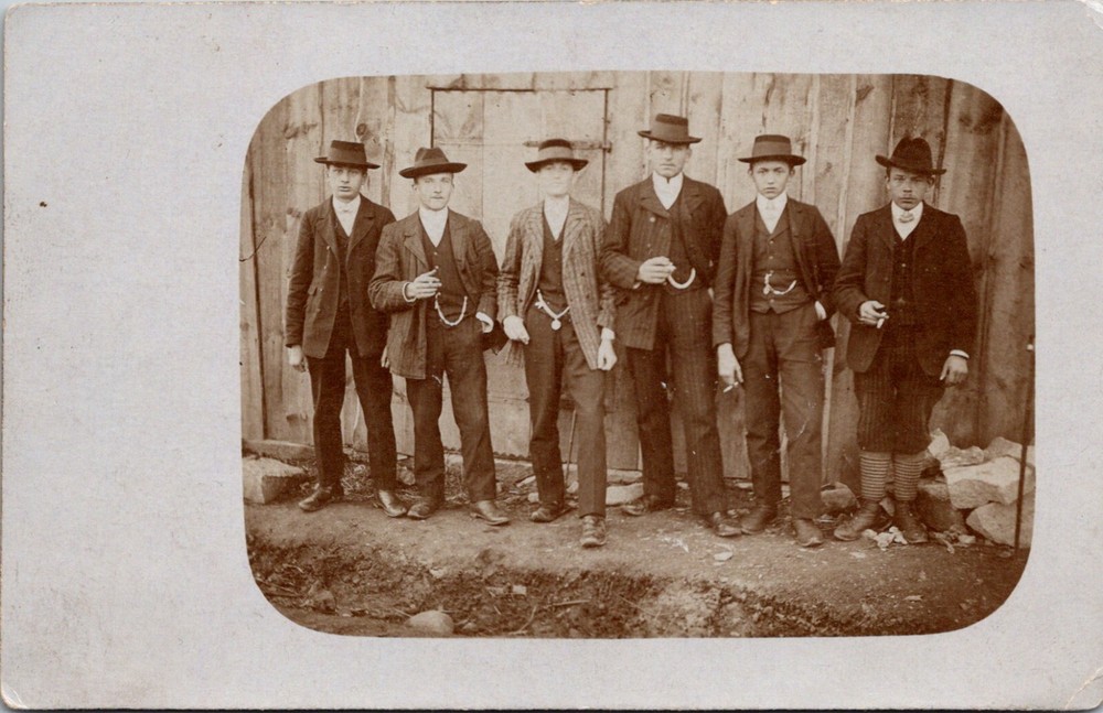 Group of Men in Dark Suits Hats Pocket Watch Chains Vintage RPPC Postcard  24085