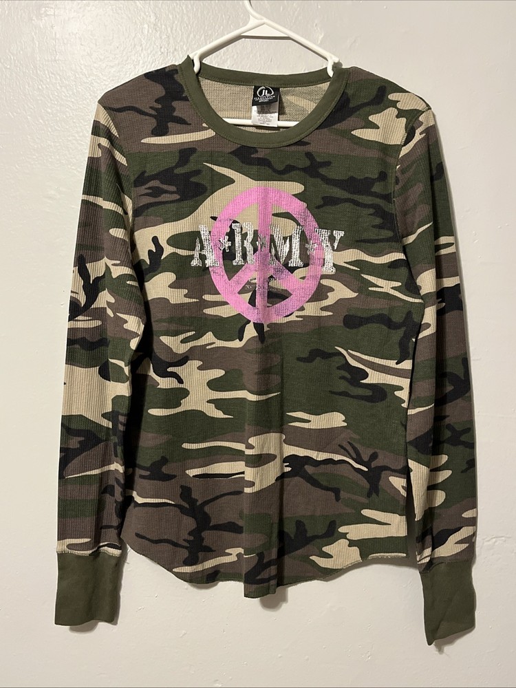VTG Jerry Leigh Camo Pink Peace Sign Long Sleeve Thermal Shirt Size XXL Juniors