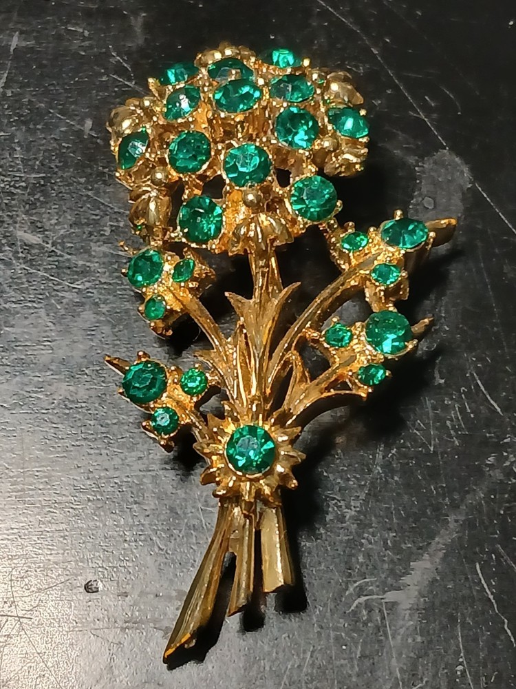 Vintage Goldtone Flower Bouquet Brooch Featuring Green Rhinestones