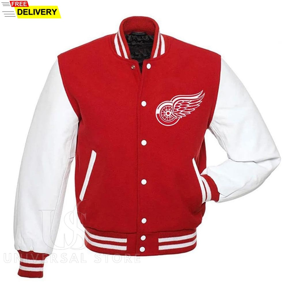 Detroit Red Wings Red Wool and White Leather Sleeves Letterman Varsity Jacket