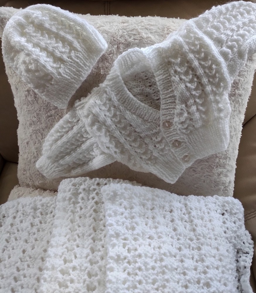 BABY WHITE HAND KNITTED  BLANKET/SHAWL  With Cardigan & Matching Beanie Hat Set