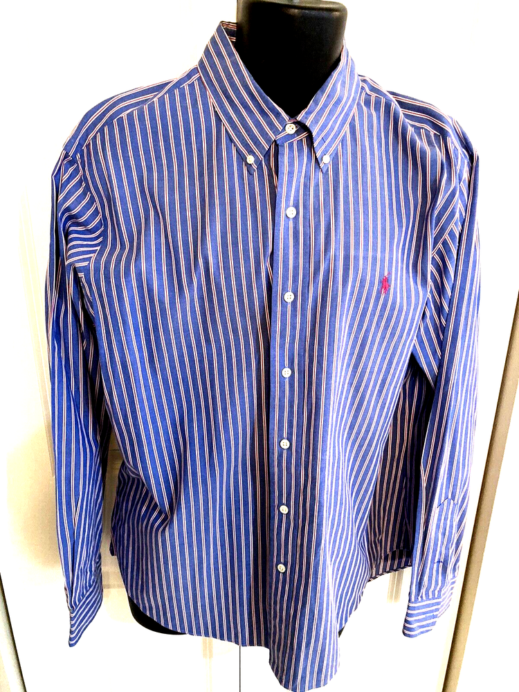 Polo Ralph Lauren Custom Fit Size XL Blue with Red & White Stripes Dress Shirt
