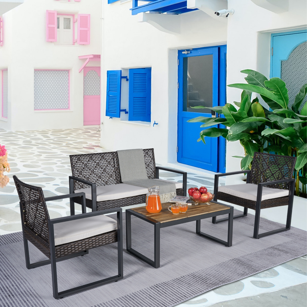 4-Pc Patio Set Outdoor Acacia Wood Table Top, Morden Brown/Beige Cushion