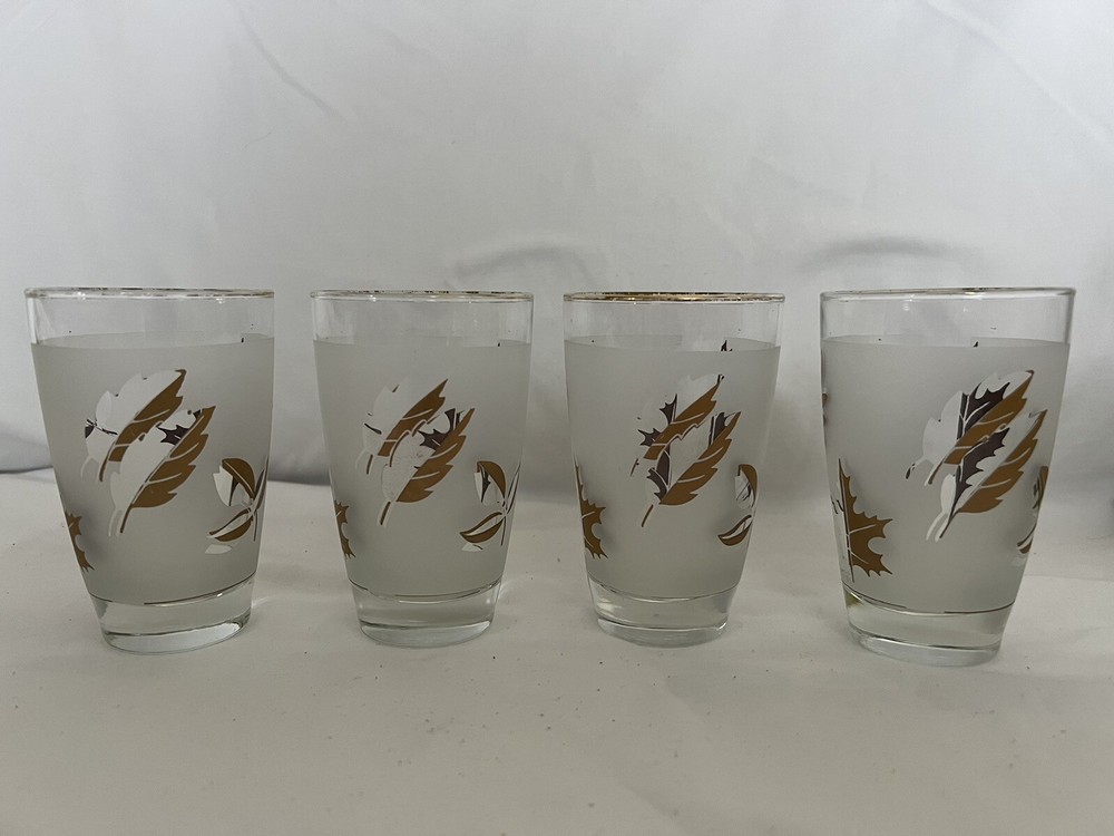 4 MCM Libbey Glasses Golden Foliage Stem Frosted Gold Leaf Tumblers