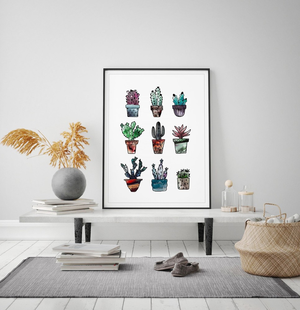 Tiny Collection Cactus Print Watercolor Abstract Plants Painting Colorful