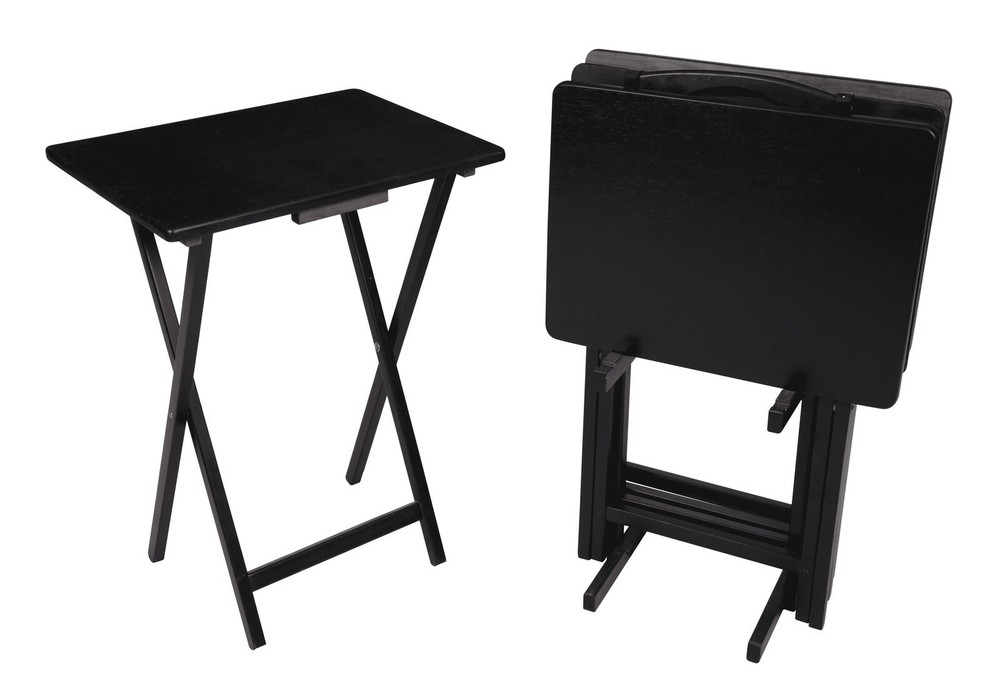 Black Folding TV Tray Table Set 5-Piece Solid Wood Portable W/ Rack Stand Wood