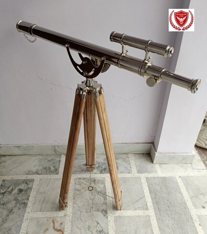 Floor Standing Brass Nickel Anchor master Telescope With Tripod Wooden Stand