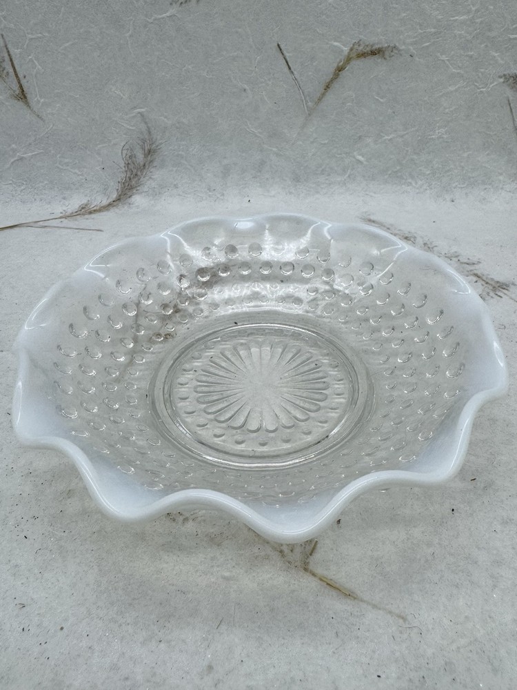 Vintage Anchor Hocking Moonstone Opalescent Hobnail Crimped 6 Inch Bowl