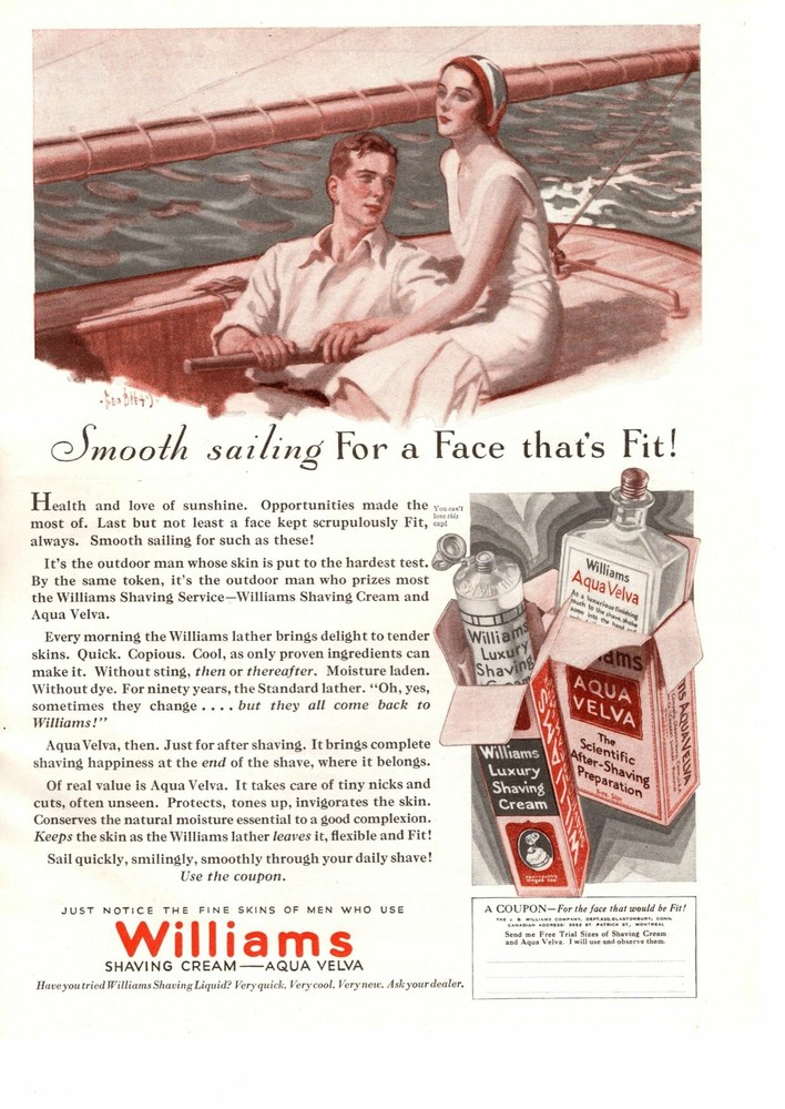 1930 Williams Shaving Cream Aqua Velva Aftershave Sailboat Coupon Color Print Ad-image