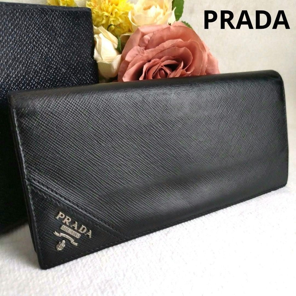Prada Saffiano Leather Long Wallet with Metal Logo in Black