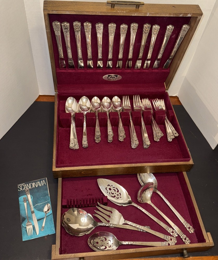 Vtg. MCM Oneida Community Scandanavia Flatware 77 Pieces Silve Ware Srvc 12