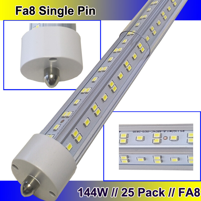 FA8 T8 8FT LED Shop Lights Single Pin 144W LED Tube Light Bulbs 6500K 25PACK