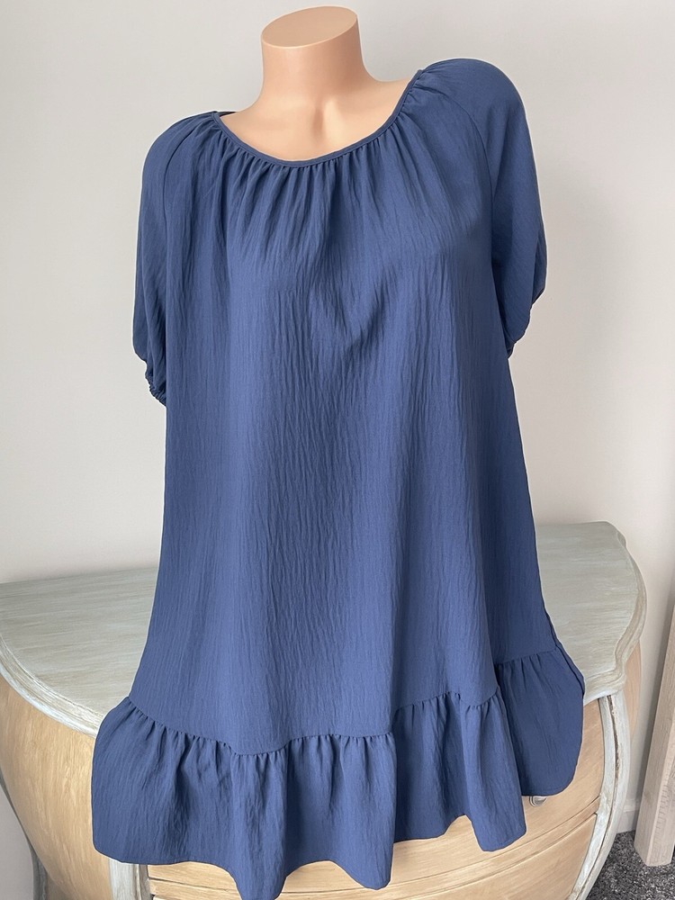 Ophelia Roe  Dress Size S Small Navy Blue Short Sleeve Womens Puff Ruffle Bottom