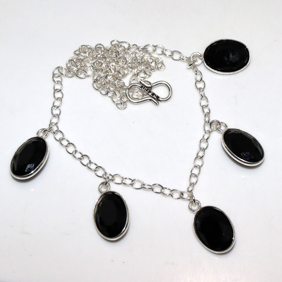 925 Silver Plated Black Onyx Ethnic Necklace Handmade Jewelry Size 17