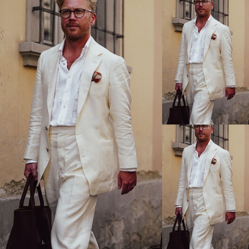 Linen Men's Suits 2Pcs Summer Beach Tuxedos Business Coat Wedding Groom Jacket