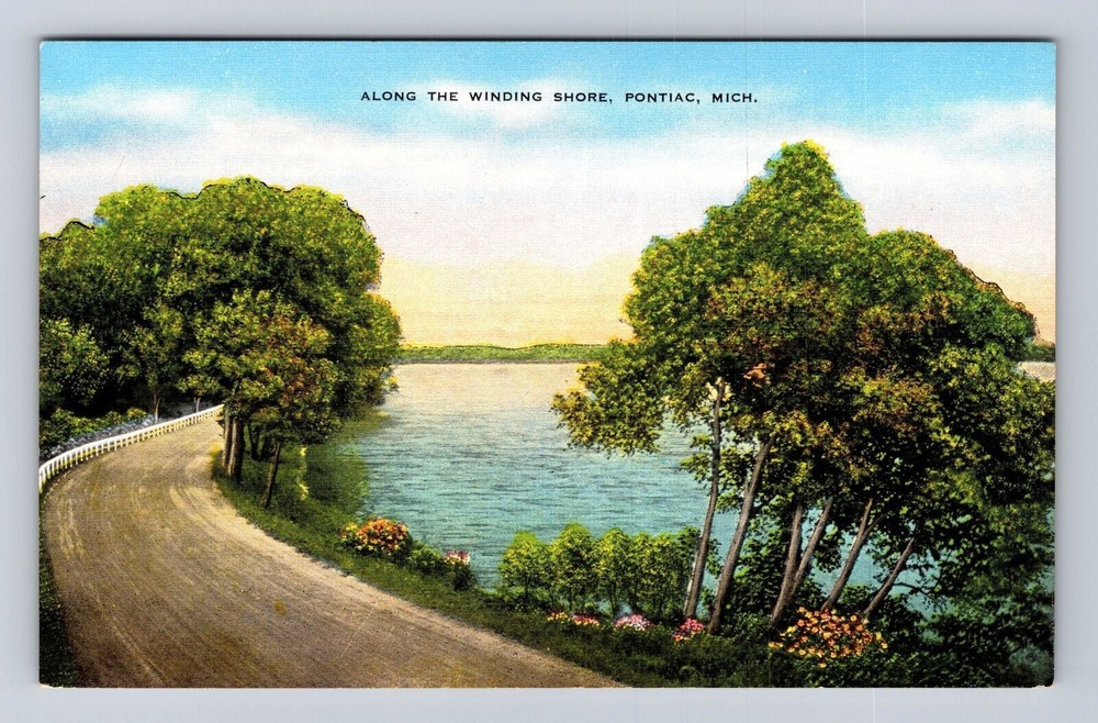 Pontiac MI-Michigan, Along The Winding Shore, Antique, Vintage Souvenir Postcard