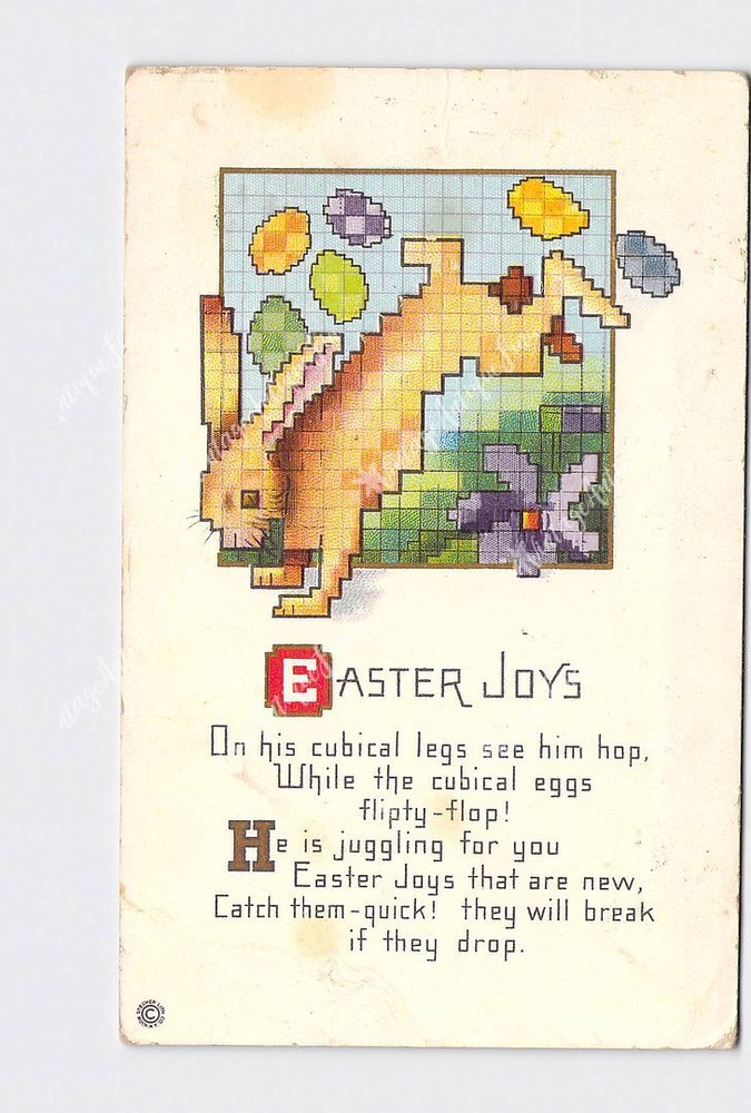 Holiday Postcard Easter Bunny Rabbit Cross Stitch Eggs Flower Poem