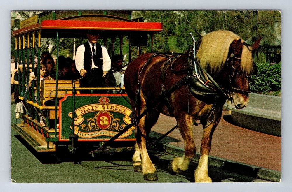 Vintage Orlando FL Horse Drawn Streetcar at Walt Disney World Postcard