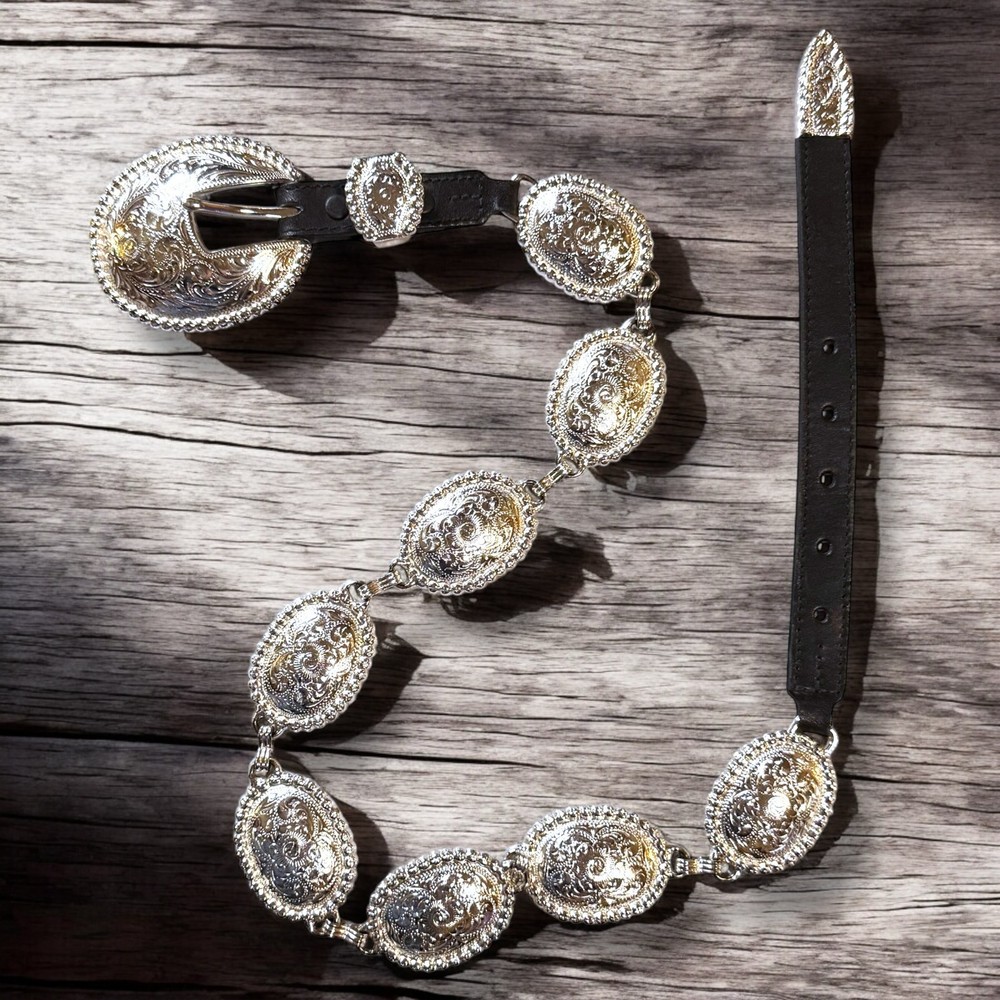 Tony Lama Concho Belt Womens Black Leather and Silver Filigree Conchos Cowgirl S