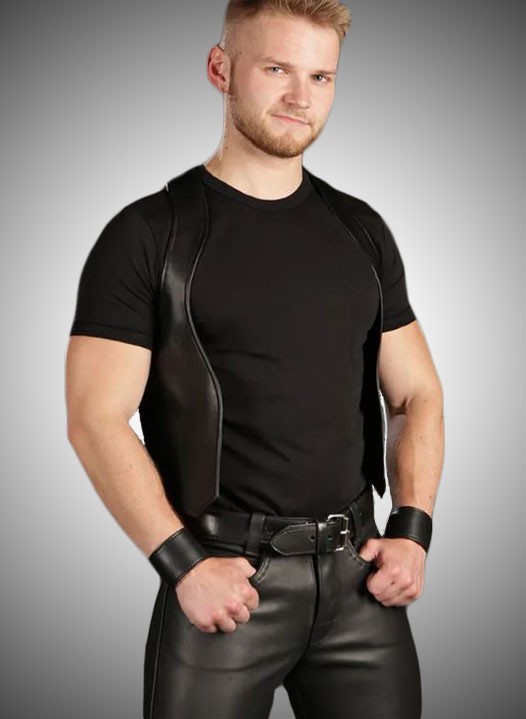 Men Real Leather Bar Vest Cowhide Leather Vintage Black Gay Fetish Waistcoat