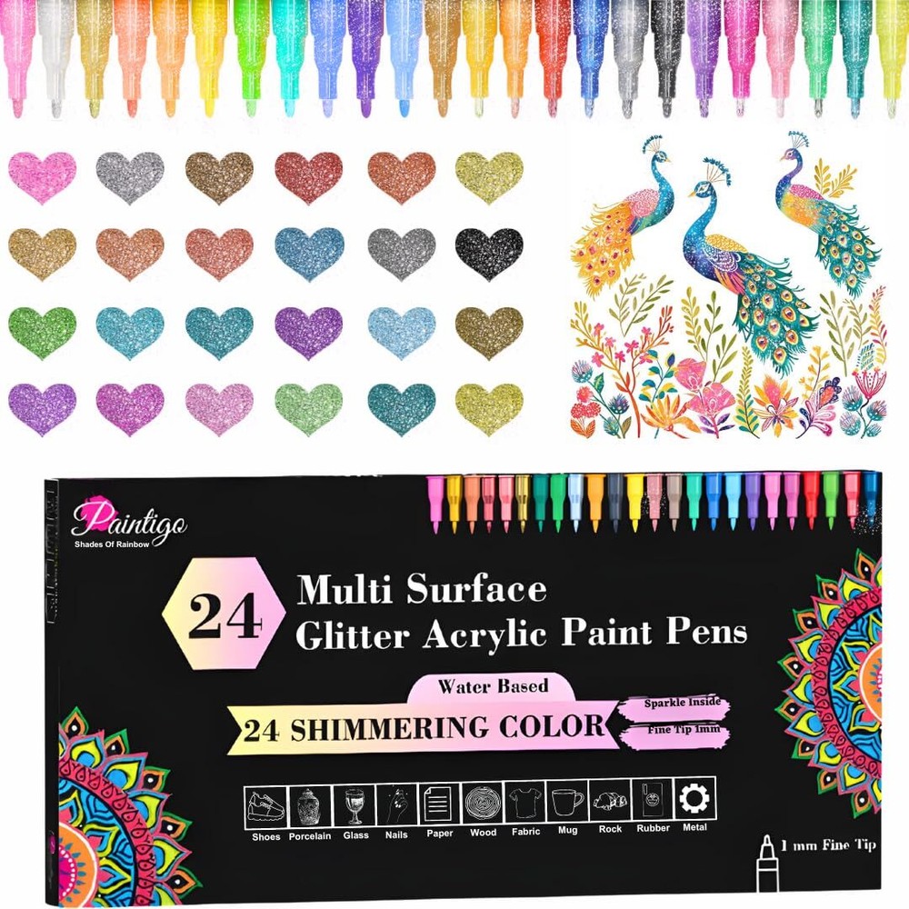 24 Colors Glitter Paint Pens Paint Markers, for Rock Painting, Wood, Canvas, ...