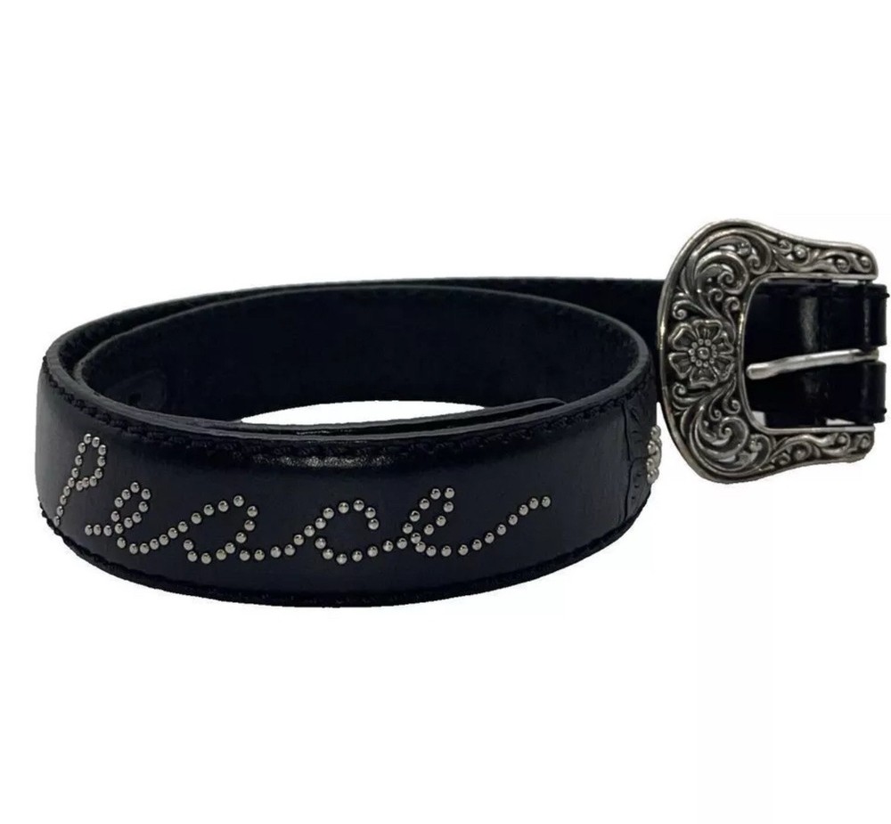 Brighton Womens Size 36 Western Leather Belt with Peace Tooling Black Studded Boho Design B21153