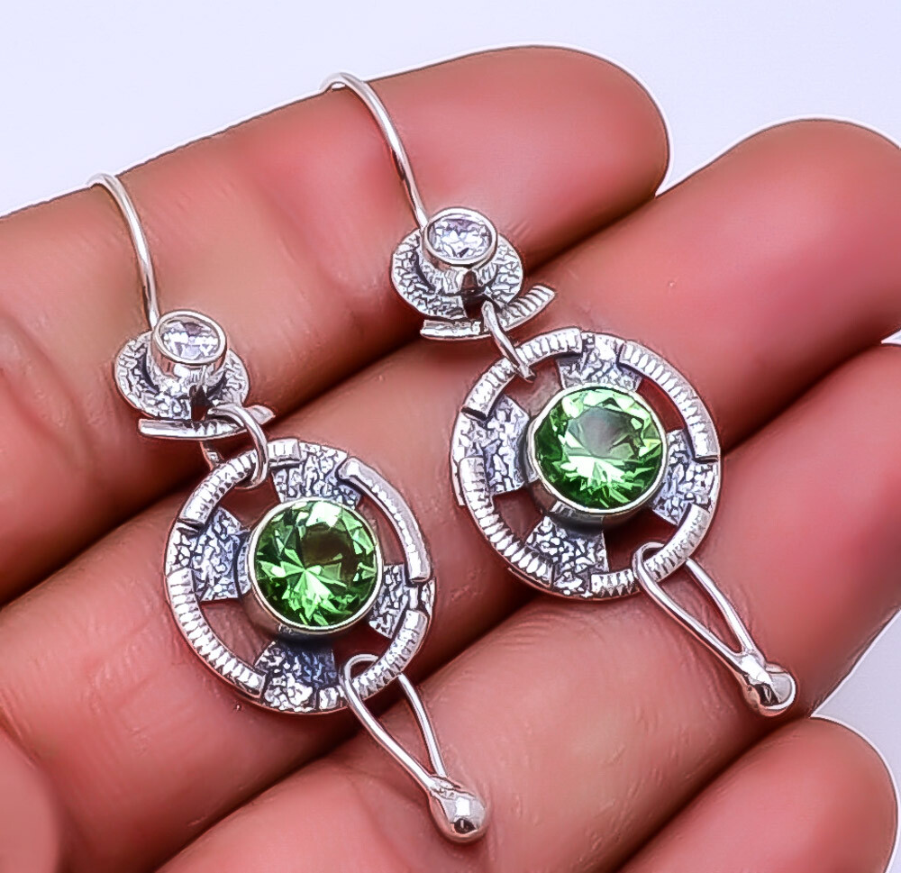 Green Amethyst & White Topaz Designer 925 Sterling Silver Earring 1.95