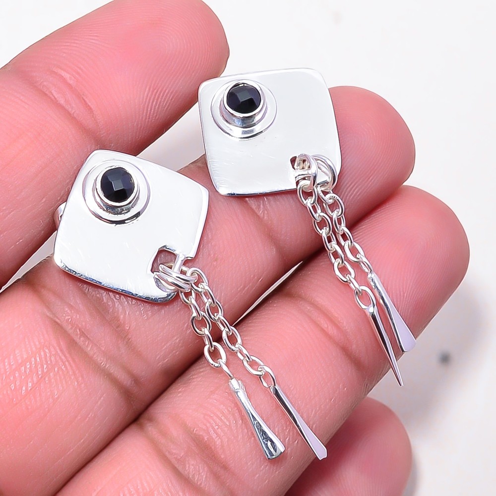 Black Onyx Brazil Gemstone Handmade Sterling Silver Earrings 1.72 Inch E4