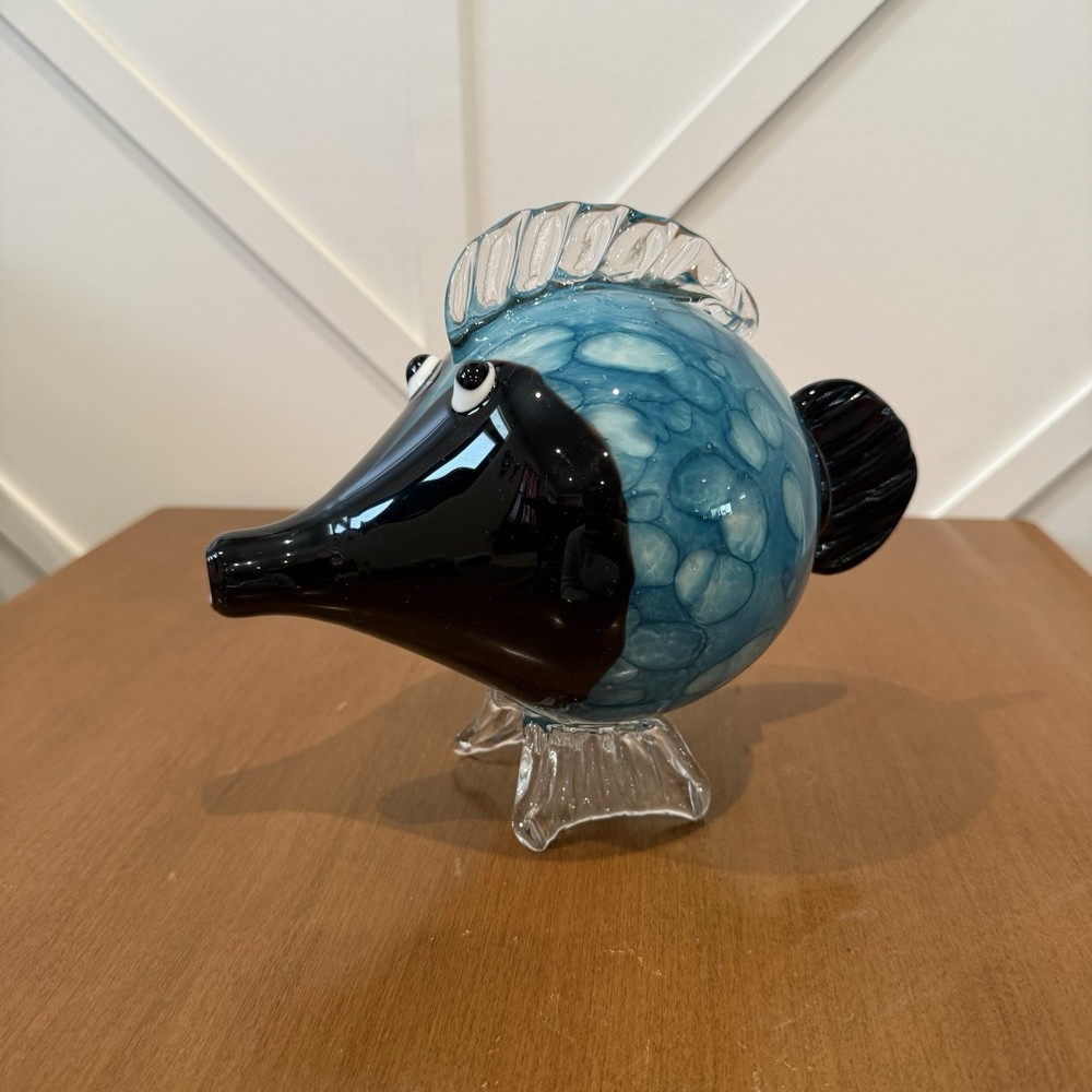 Art Glass Hand Blown Large Glass Puffer Fish Murano Style Blue & Black Decor