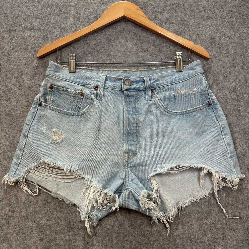 Levis 501 Denim Shorts Women 30 W Button Fly Blue High Rise Cutoffs Distressed