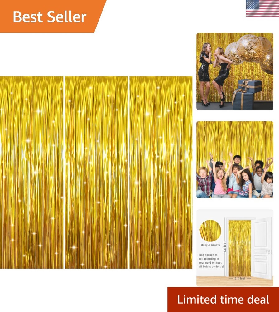 Gold Tinsel Foil Fringe Curtains 3-Piece Set Perfect for Parties