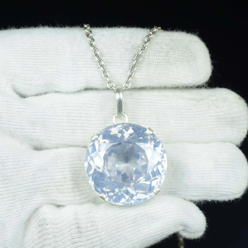 65.50 Ct Natural Brazilian Round Cut White Zircon Pendant 925 Silver Gemstone