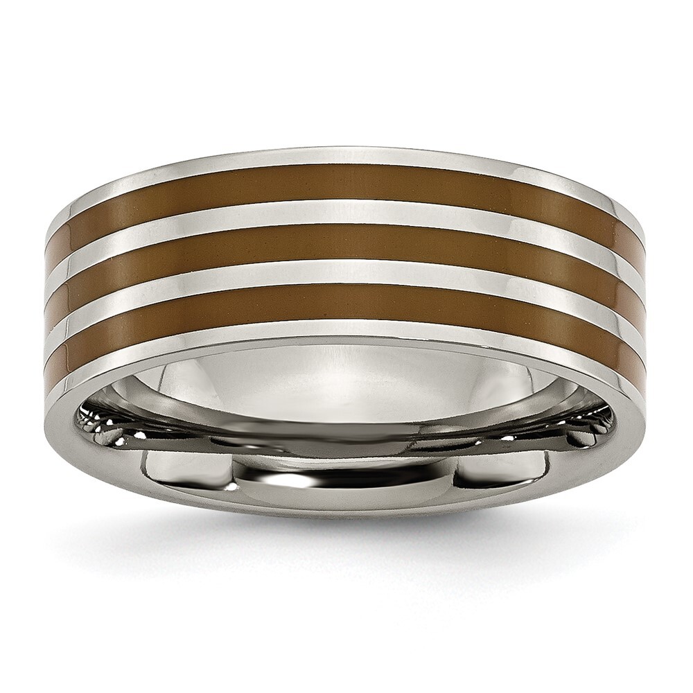Titanium Polished Brown Enamel Striped 8mm Flat Band Ring Size 8