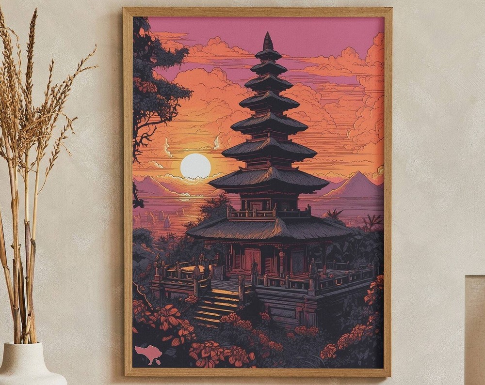 Vintage Besakih Temple Woodblock Print Bali Indonesia Poster Print At Home Wall