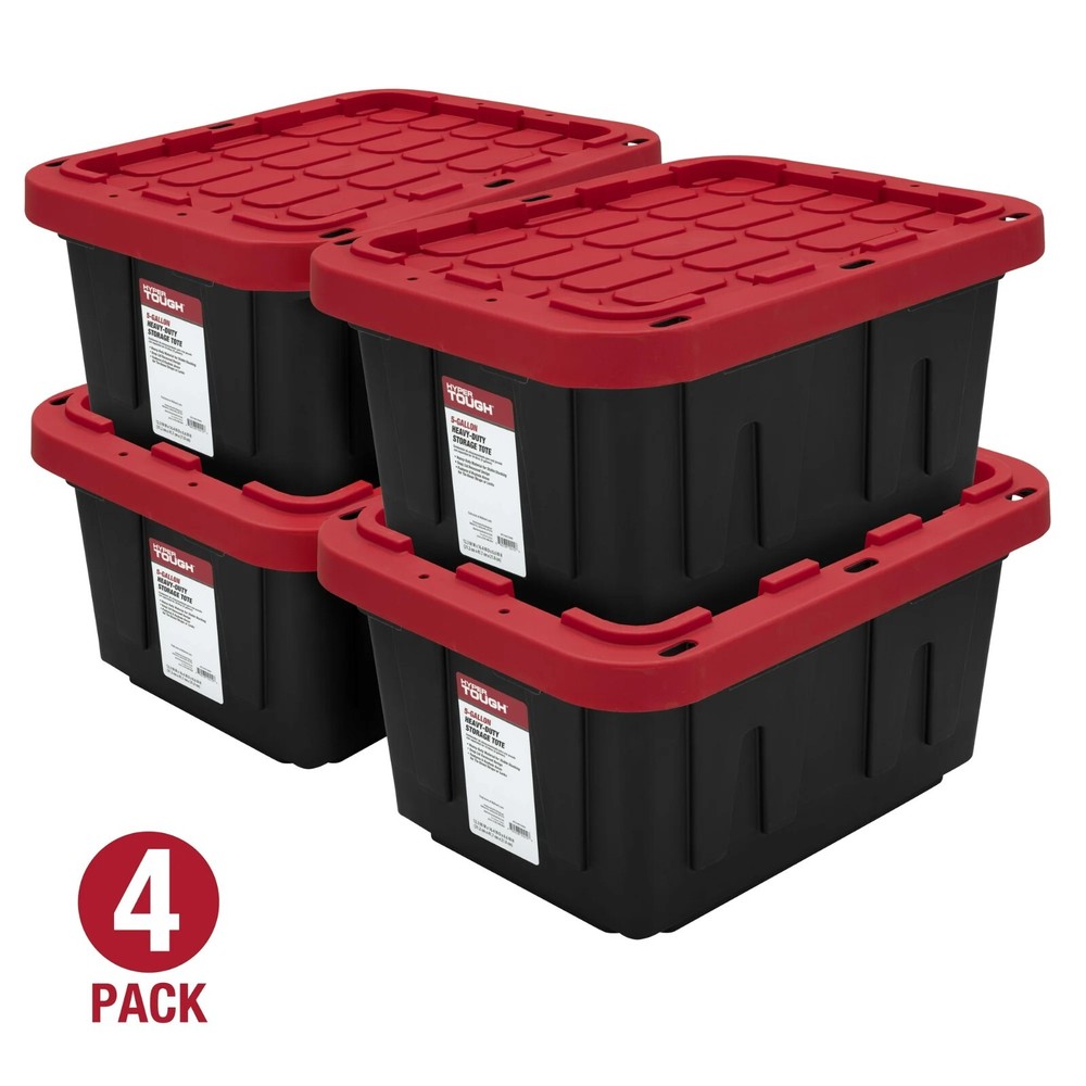 Hyper Tough Small Storage Bin, 5 Gallon Storage Container Black & Red 4 Pack