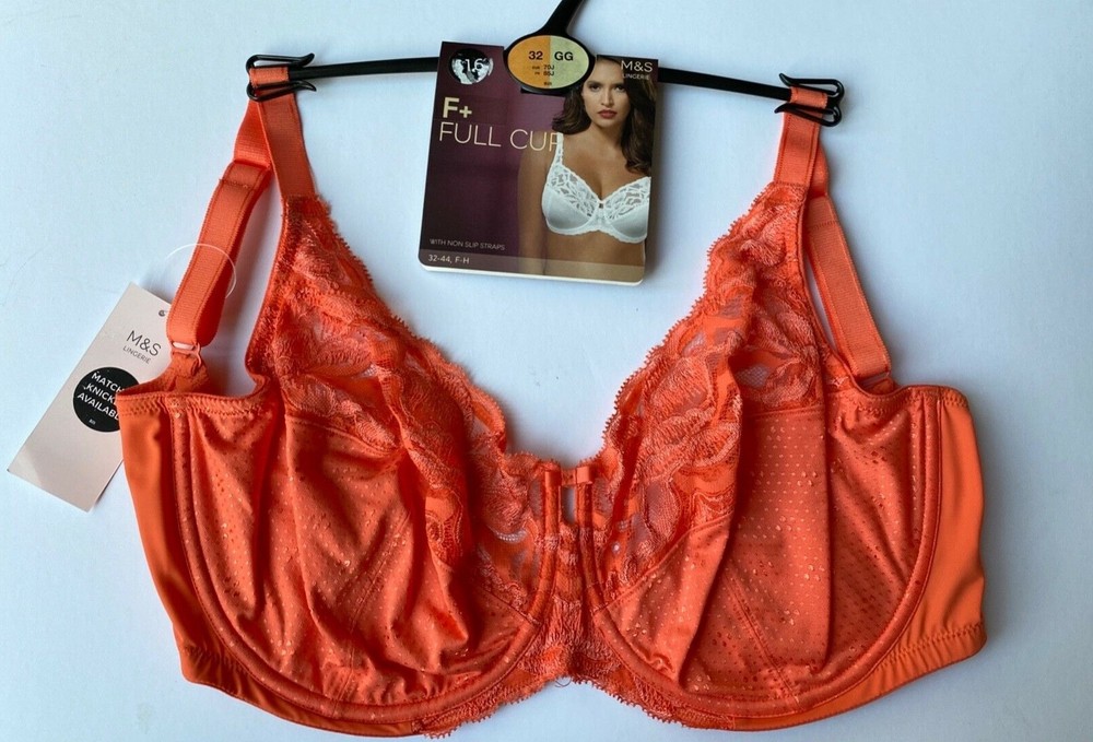 M&S Womens Orange Lace Underwired Full Cup Non Padded Bra Lingerie BNWT - 32GG