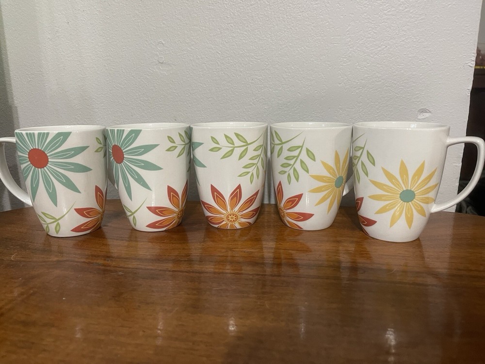 Set Of 5 Corelle Coordinates Porcelain Happy Days 4 3/8” Mugs Floral Square